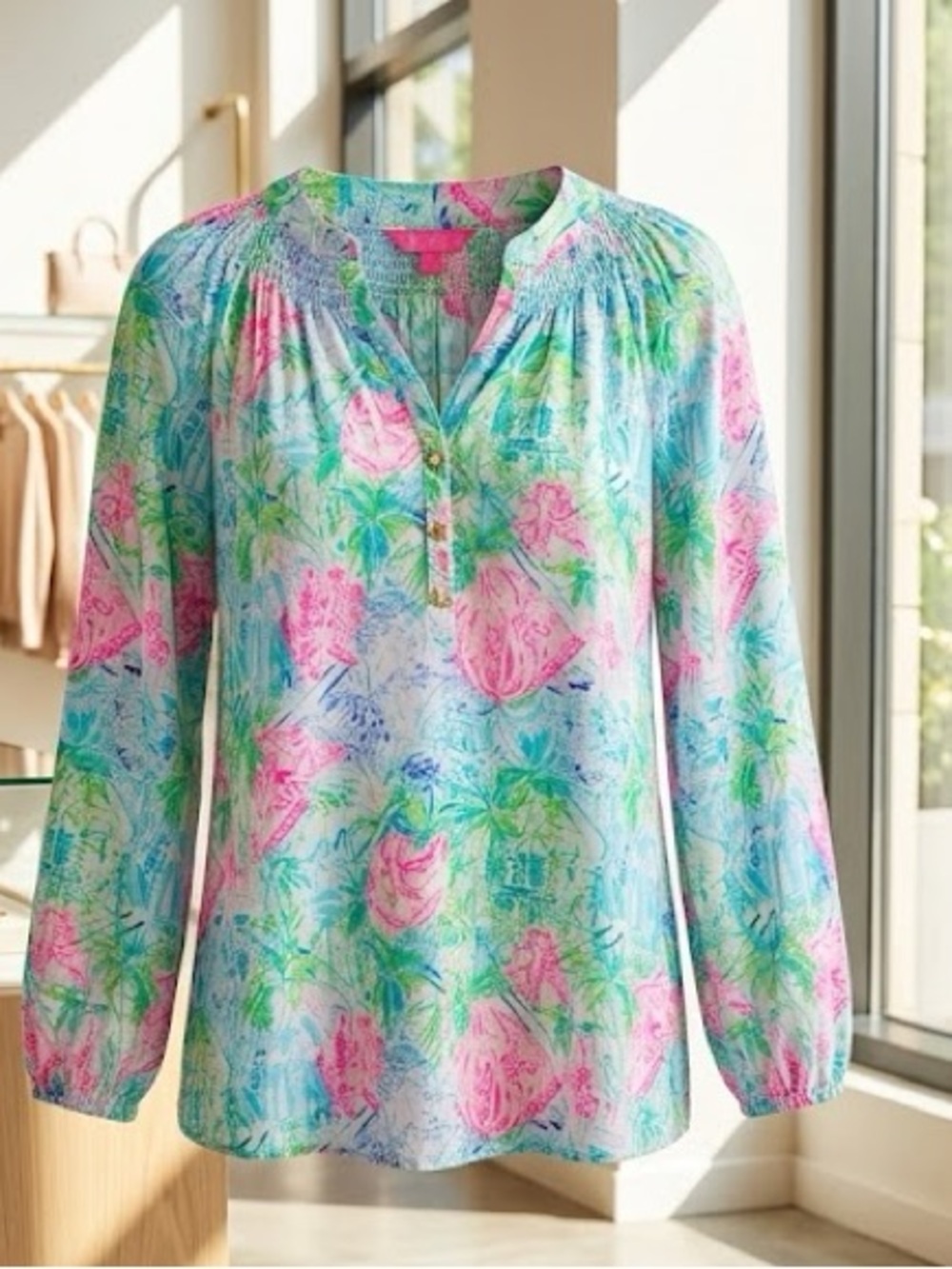Lilly Pulitzer Elsa Silk Top Smocked V-Neck Blouse | Medium